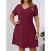 Spring Summer Plus Size Women V Neck Ribbed Short Sleeve Pullover Dress Solid Color New