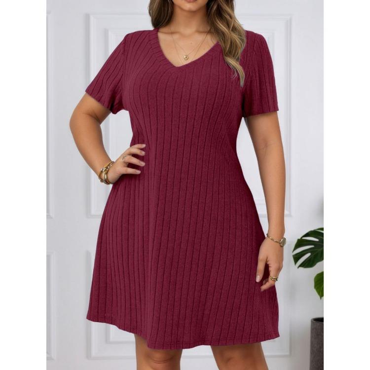 Spring Summer Plus Size Women V Neck Ribbed Short Sleeve Pullover Dress Solid Color New