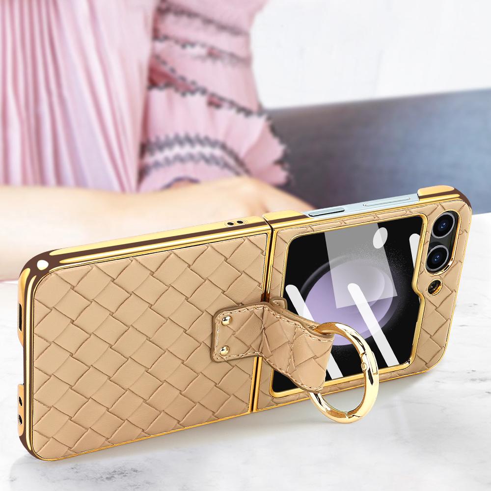 VIETAO Gold Electroplated Phone Case Cover With Finger Ring For Samsung Galaxy Z Flip 6 Flip 5 Flip 4 Flip 3 Back Screen Film