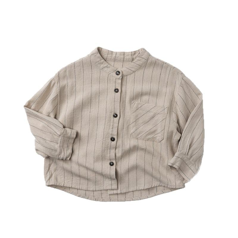 Camicia a righe verticali con colletto alla coreana a maniche lunghe per bambini Unisex Ragazzi Ragazze Casual Top per Bambini