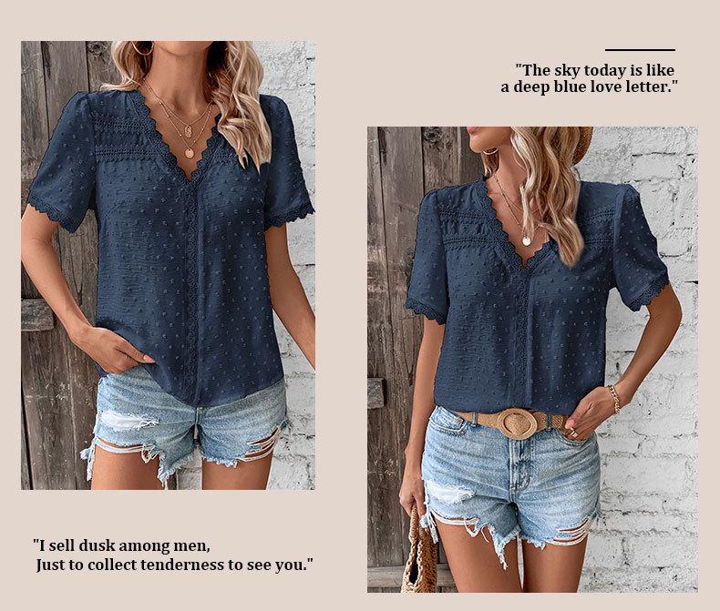 Summer Casual European & American Lace V-Neck Solid Color Women's Shirt