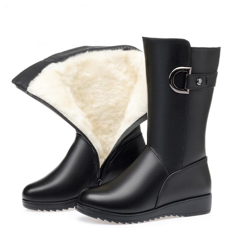 Fashion Winter Women Boots High-quality Mid-calf Leather Boots Outdoor Waterproof Platform Boot Plush Warm Snow Boot Women Cotton Boots