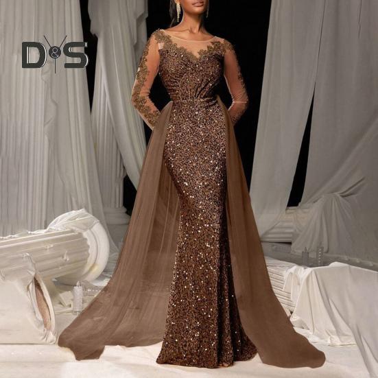 Damen Pailletten Abendkleid Spitze Langarm Bodycon Maxikleid Funkelndes bodenlanges Mesh Patchwork Overlay Kleid für Cocktail Hochzeit Partys