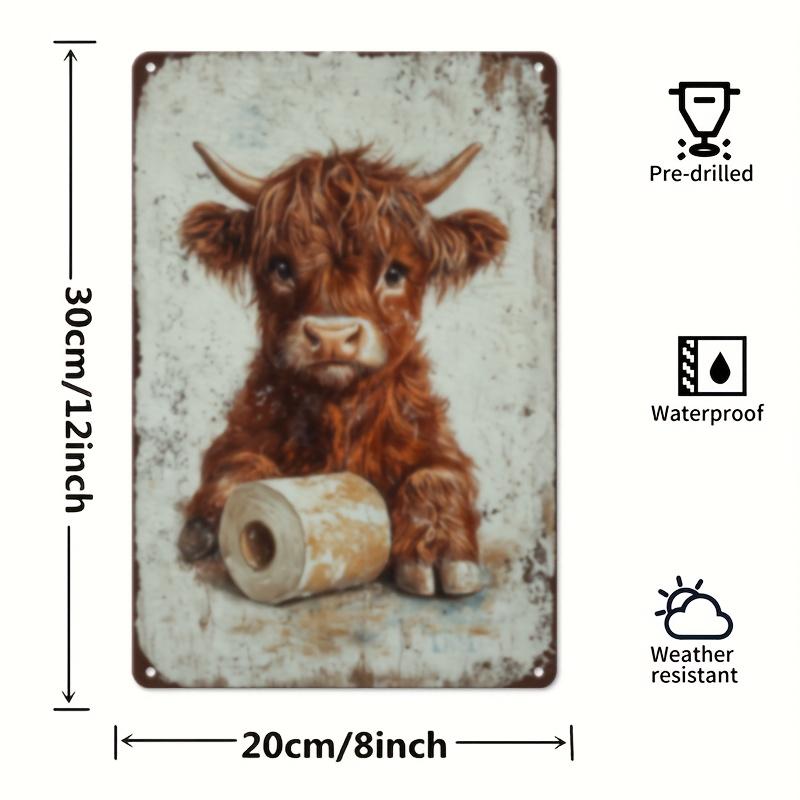 Vintage Highland Cow Metal Tin Sign - 1pc, 8"x12", Rustic Wall Decor with Weathered Look, Ideal for Man Cave, Bathroom, Home Dec