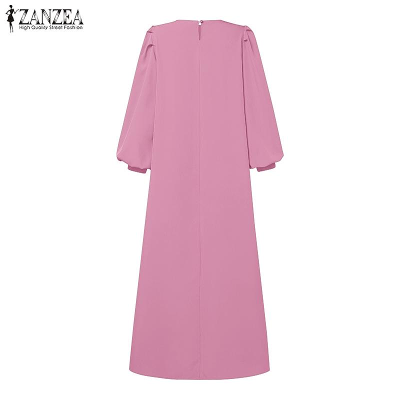 ZANZEA Dame Casual O-hals Ensfarget Langermet Retro Lang Kjole