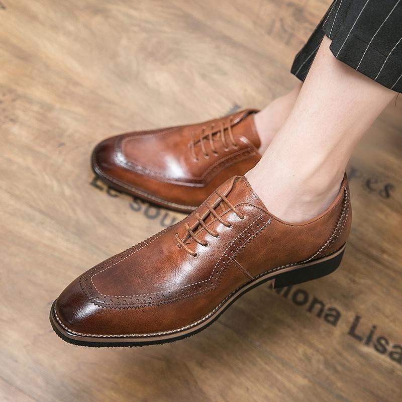 High-End Men's Brown Leather Shoes British Style Business Casual Heightening Spring Autumn Wear-Resistant Flat Heel Glue Bonding
