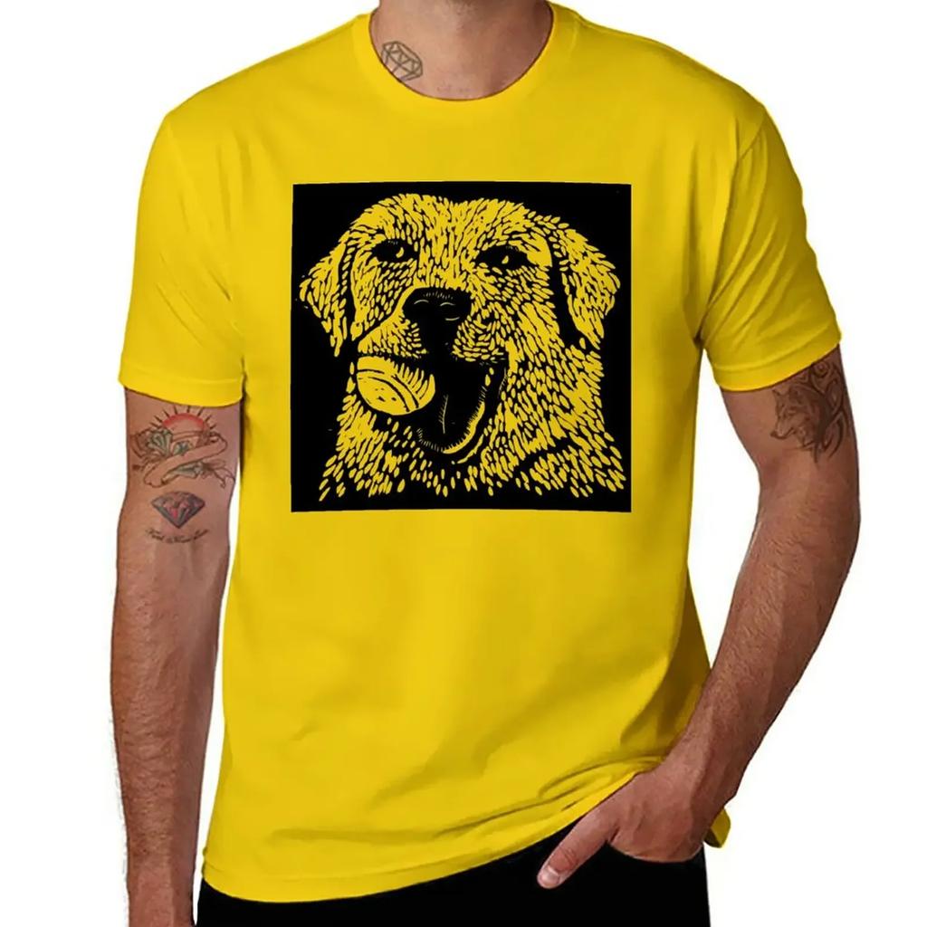 tees blank t shirts plus size tops clothes yellow lab dog with tennis ball, block print T-Shirt