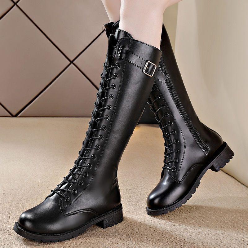 Mais bottes Martin au genou pour femmes 2025 hiver nouvelles bottes simples velours étudiant longues bottes fines à lacets version coréenne bottes pour femmes