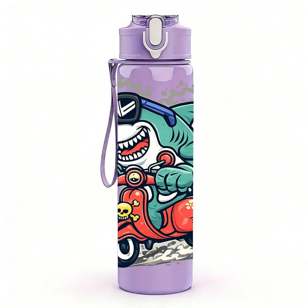 1PC Cool Fox Riding Motorcycle Cartoon Print 750ml Color Plastic Sports Water Bottle Leakproof Flip Straw Lid Suitable for Sports Office Home Use