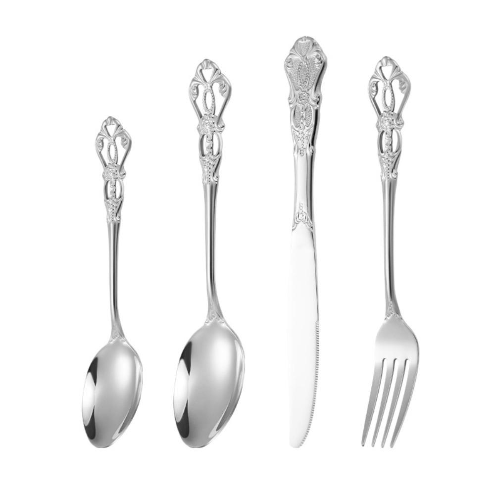 16Pcs Vintage Royal Court Cutlery Sets Embossed Design Stainless Steel Kitchen Flatware Set Smooth Edges Fork Spoon Set Dessert