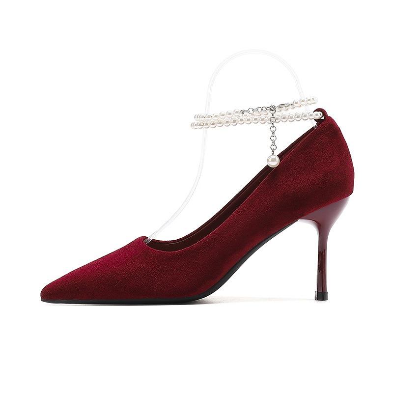 1-Word Pearl Suede Single Shoes Women's Pointed Head Stiletto High Heels Sexy Bride Bridesmaid Xiuhe Wedding Shoes