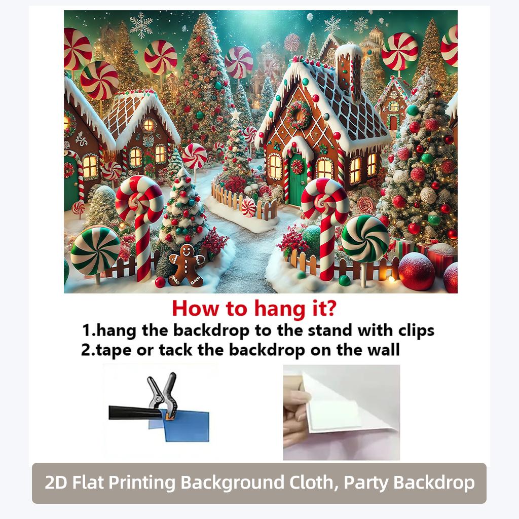 2D Flat 2D Flat Printing Background Banner Christmas Candy Gingerbread Village Background Cloth Multi-purpose Polyester