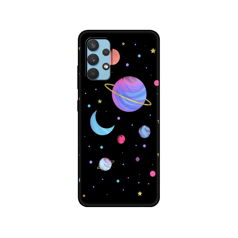 Black Tpu Case For Samsung Galaxy A12 A22 A32 A42 A52 A72 4g 5g S21 PLUS Ultra Back Cover Space Spaceship Stars and Moon