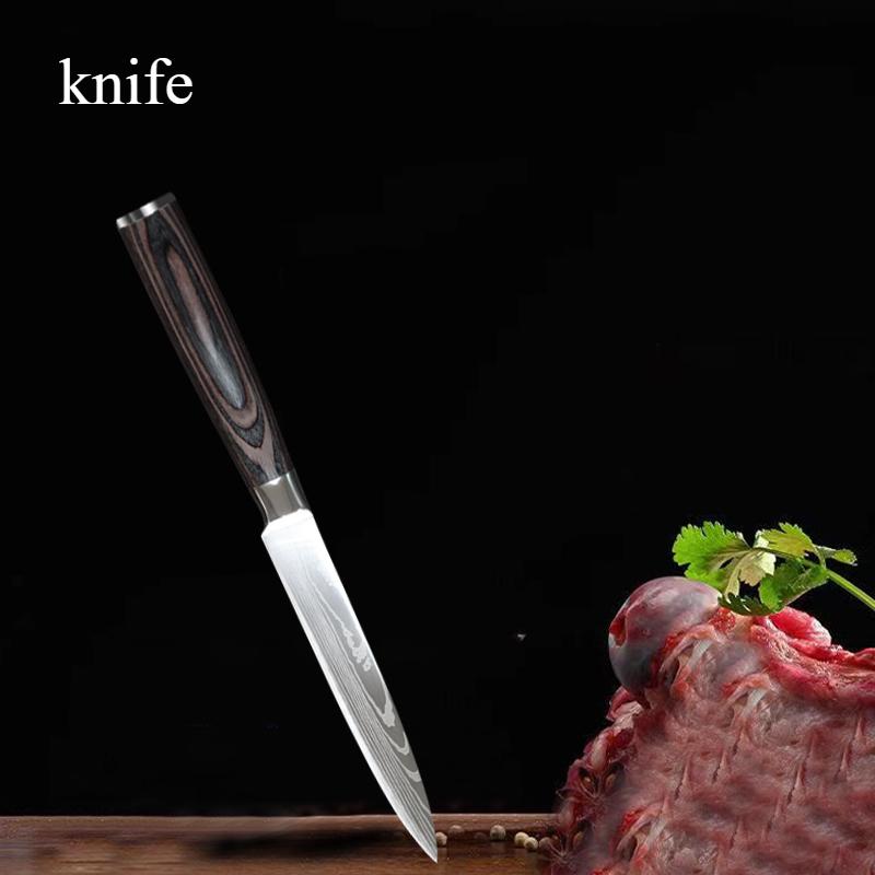 Kitchen Knife 5-inch Colored Wood Handle Damascus Pattern Chef's Knife High Appearance Level Paring Knife Household Knife
