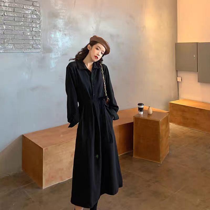 QICED Autumn Winter Hepburn Style Medium Length Thick Dress Female Retro Loose Long Sleeve Large Size Fat Mm Shirt Long Dress