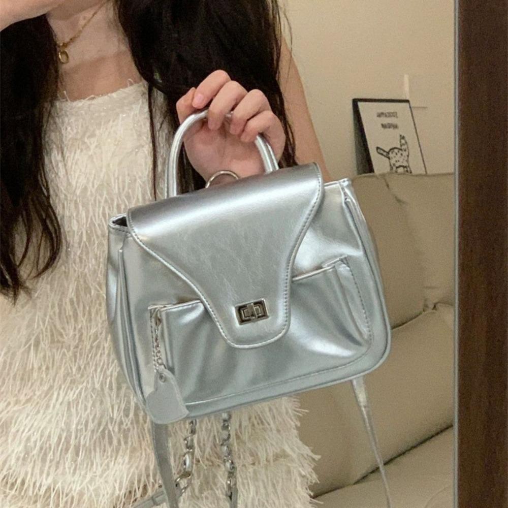 Korean Spice Girl Bag Women's 2023 New Silver Chain Simple Small Double Shoulder Small Square Bag Portable Shoulder Bag