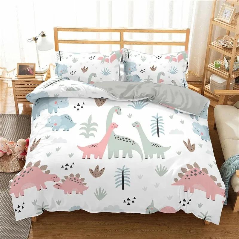 Cute Cartoon Dinosaur Duvet Cover For Boy Girl 2/3Pcs Kawaii Animal Dinosaur Print Bedding Set Twin Queen Microfiber Quilt Cover