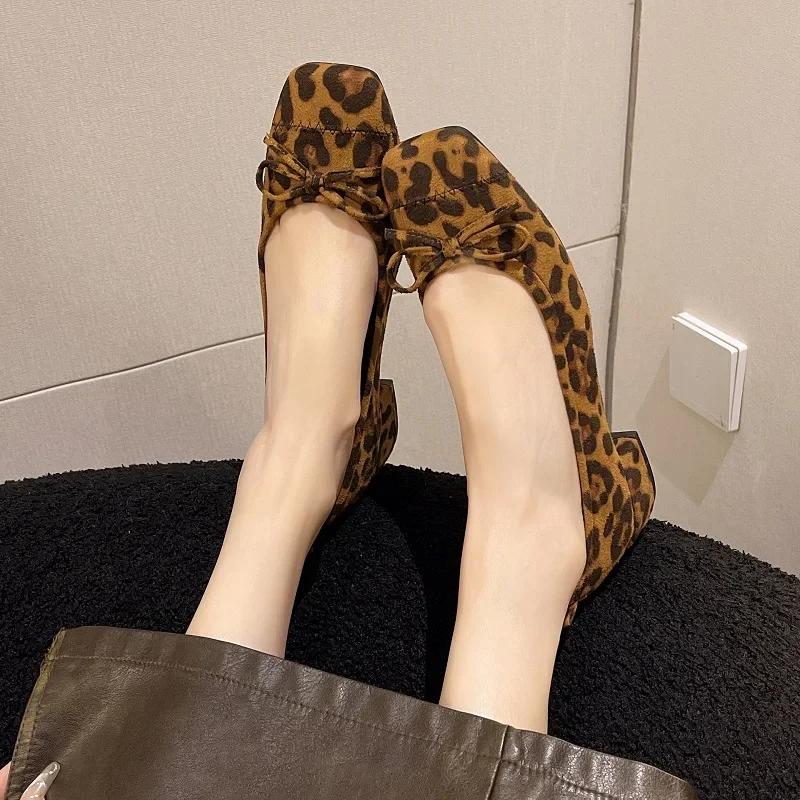 Women's Leopard Print Shoes Square Head Rubber Sole Shallow Mouth Shoes Woman 2024 Trend One Kick Breathable Home Outdoor Shoes