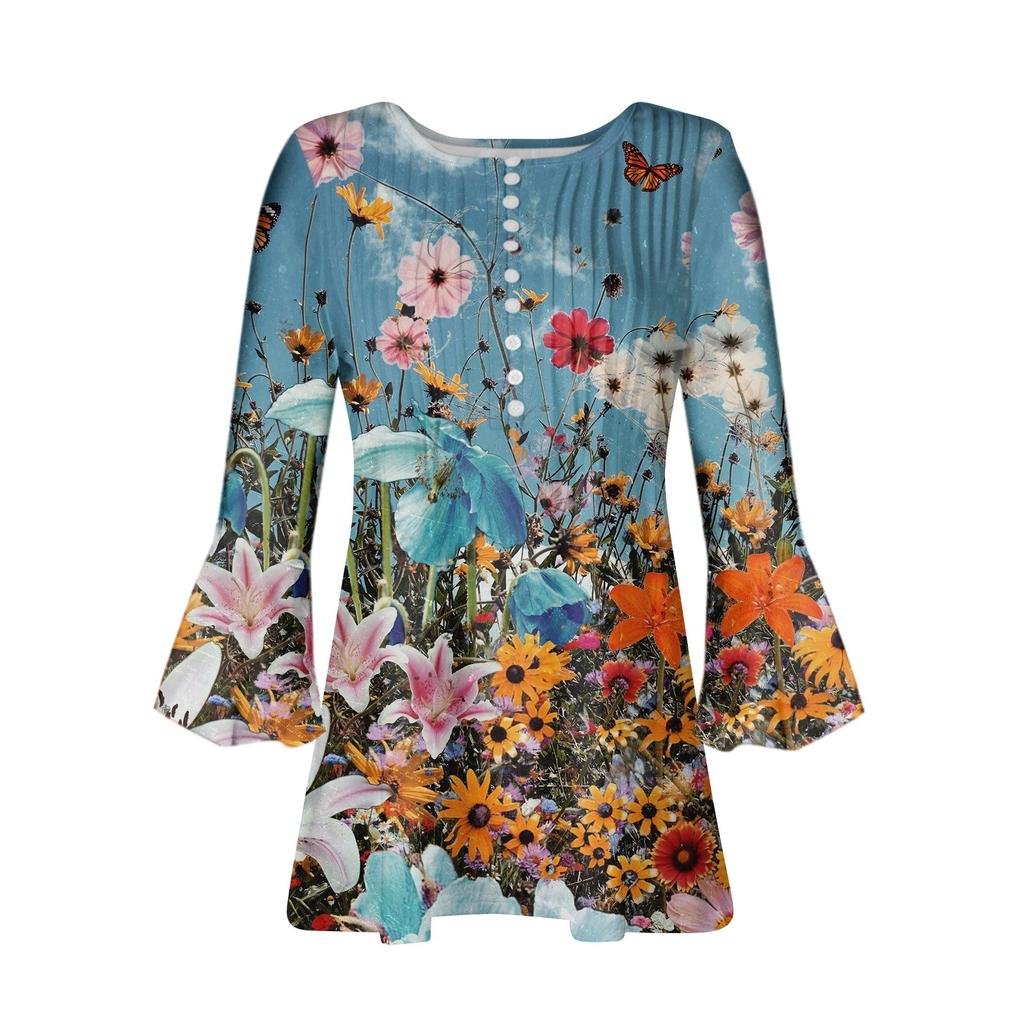 3/4-Ärmel-Shirts für Damen mit Blütenblatt-Ärmeln, T-Shirts, Blusen, lässige Basic-Tops, bedruckter Pullover mit Falten