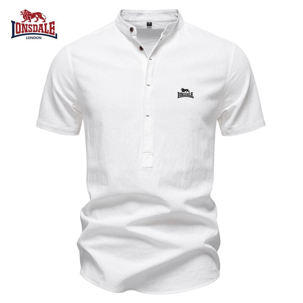 Lonsdale 2026 Summer New Embroidered Business Casual Shirt Men's Short Sleeved Cotton Linen Shirt Stand Collar Cotton Shirt