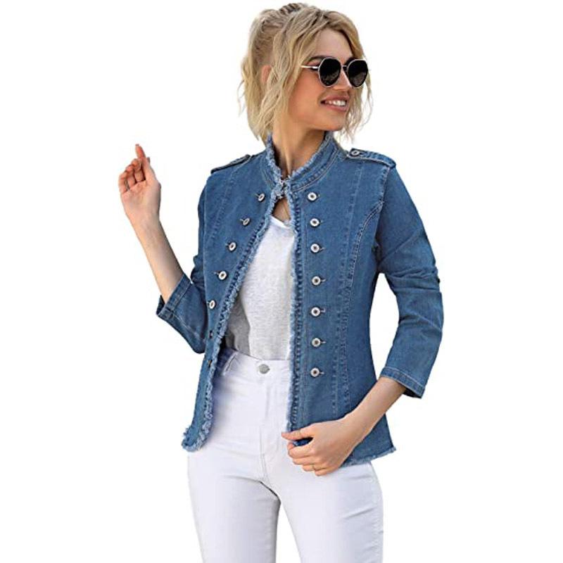 Spring Women's Single Breasted Stand Collar Cropped Denim Jacket