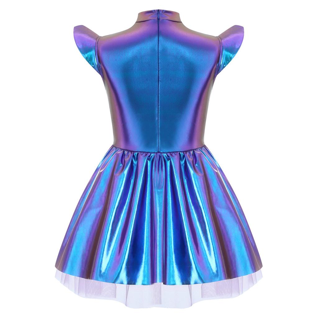 Schillerndes Alien-Tutu-Kleid für Mädchen, Glänzendes Kostüm mit Stehkragen, Flatterärmeln & Reißverschluss hinten, Bühnenauftritt & Party