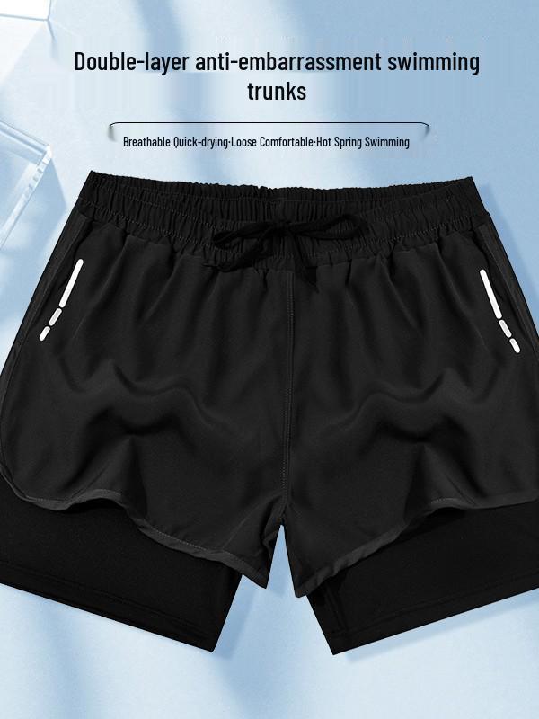Herren Zweilagige Locker Geschnittene Strand- und Lauf-Badehosen - Anti-Peinlichkeits-Sporthosen