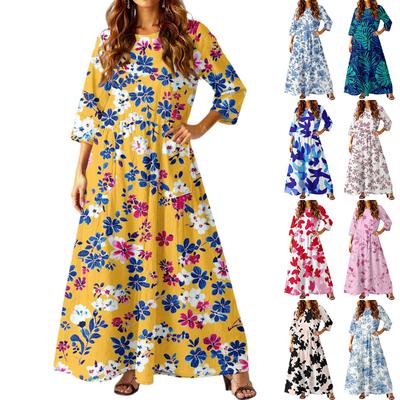 Women's Casual Fashion Floral Print Three-quarter Sleeve Long Dress With Pockets