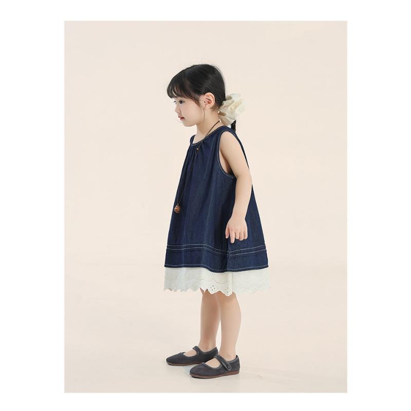 Kids Girls Korean Style Contrast Color Lace Denim A Line Dress
