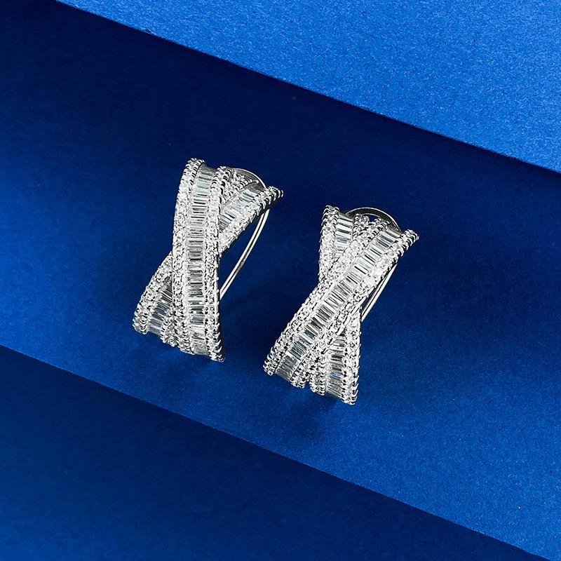 Hui Zhi Yi S925 Silver Emerald Cut Pave Diamond Ear Cuffs & Layered Stud Earrings