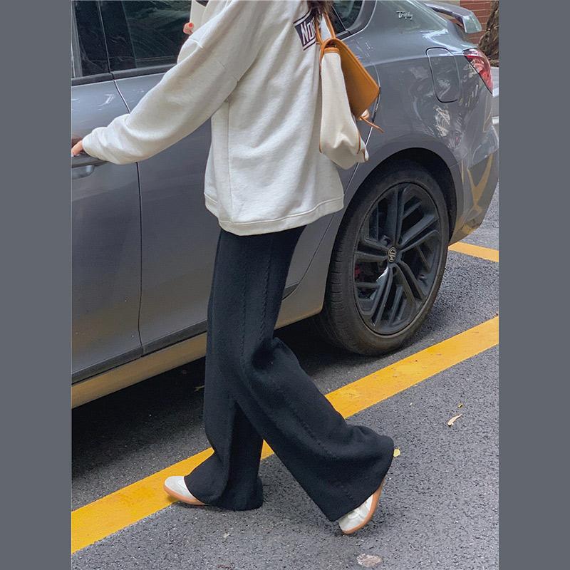 Women's Fashionable Casual Draping Knitted Wide-Leg Pants Elastic Waist Embossed Wool Mopping Trousers