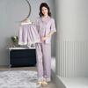 New ice silk pajamas for women, summer short-sleeve jacquard simple set, high-end lace-trimmed faux silk cardigan loungewear