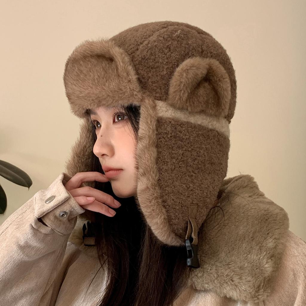 Plush Hat Women's Autumn and Winter Lei Feng Hat, Plush Thickened Warm Cycling Cold Ear Protection Hat