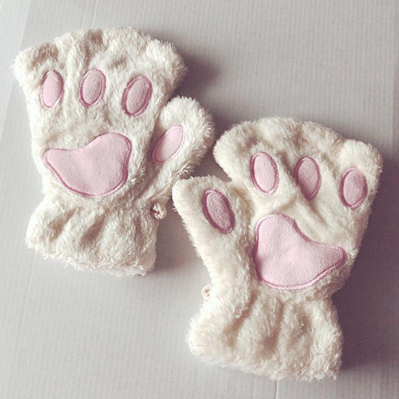 Korean Style Women's Half-Finger Plush Gloves with Embroidered Bear and Cat Paw Design