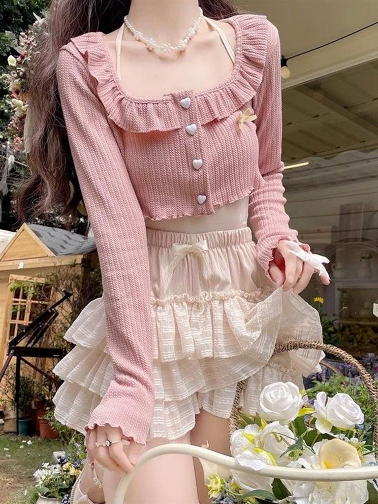Lolita Bow Mini Skirt for Women Sweet Cute Ruffled Cake Skirt Lace Elastic Waist Casual Japanese Style Clothing