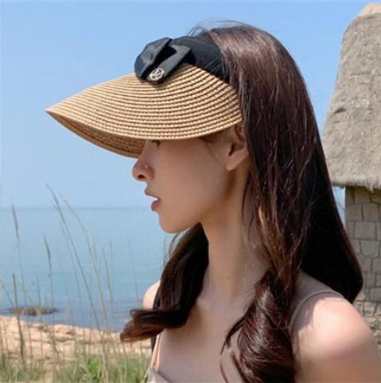 New Summer Empty Top Raffia Straw Hat Women Outdoor Travel Beach Sunscreen Anti Uv Riding Sun Hat Girl Big Brim Bow Visor Cap