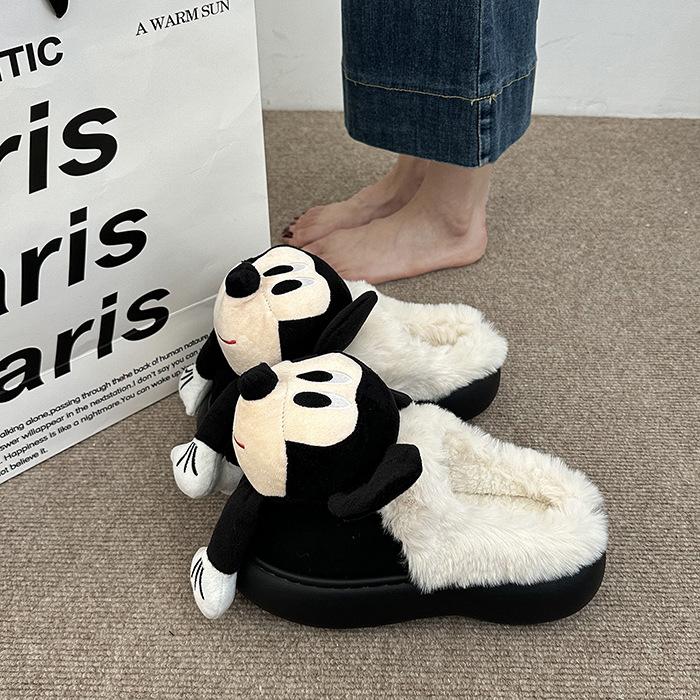 Fashion cartoon three-dimensional Mickey fluffy slippers women's 2025 autumn and winter new outer wear warm half-towed cotton slippers