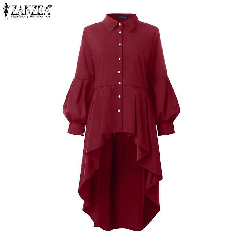 ZANZEA Dámská halenka s límečkem s klopami, dlouhým rukávem, asymetrickým lemem ve tvaru A