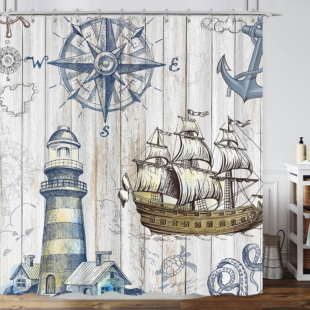 Vintage Nautical Adventure Shower Curtain - Detailed Ship, Lighthouse & Compass for Seaside Inspired Bathroom Decor