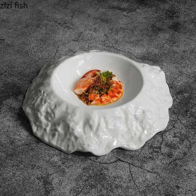 Kivimustriga keraamiline sügav taldrik ebakorrapärase paksu supitaldrikuga, magustoidu-, sushi- ja pastataldrikud, restorani loominguline lauanõu