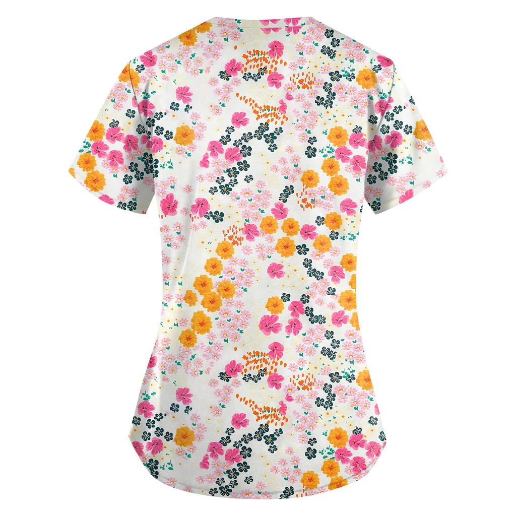 Mărimi MariUniforme Medicale Imprimate Topuri de Lucru pentru Femei Decolteu în V Încrucișat Imprimeu Mânecă Scurtă Tricouri Amuzante Îmbrăcăminte de Lucru Tricou cu Buzunare