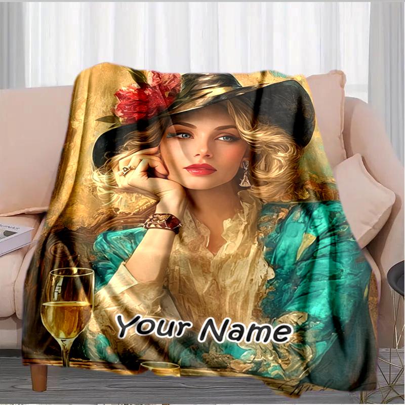 1PC Custom Name Elegant Woman Wine Glass Flannel Blanket Versatile,all-season Throw Suitable for the Living Room,bedroom,camping,travel,and Gift