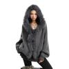 Women's Grey Knit Cardigan with Fur Collar & Hood - Cozy Autumn/Winter One Size