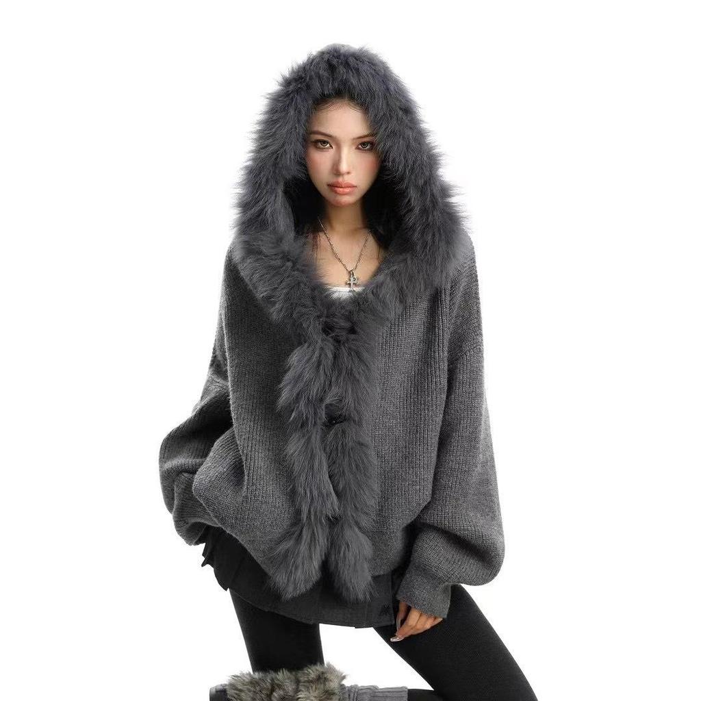 Women's Grey Knit Cardigan with Fur Collar & Hood - Cozy Autumn/Winter One Size