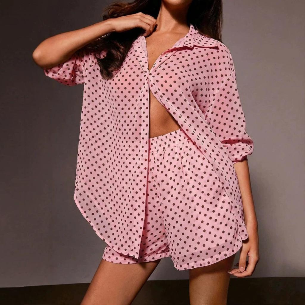 Women Long Sleeve Polka Dot Sheer Puff Sleeve Shirt and High Waist Shorts Set Lightweight Breathable Two Piece Outfit