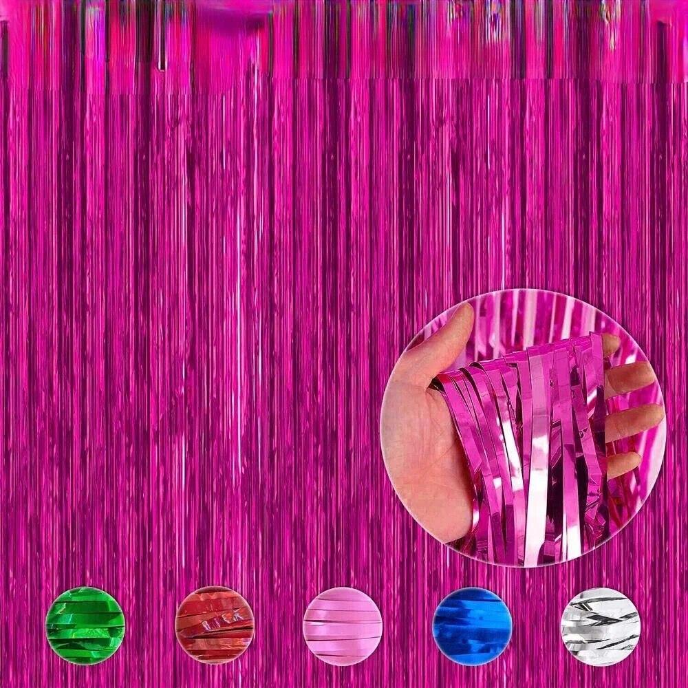 

2 м алюминиевая фольга с кисточками, блестящая занавеска для двери, украшение для свадьбы, дня рождения 2M ярко-розовый