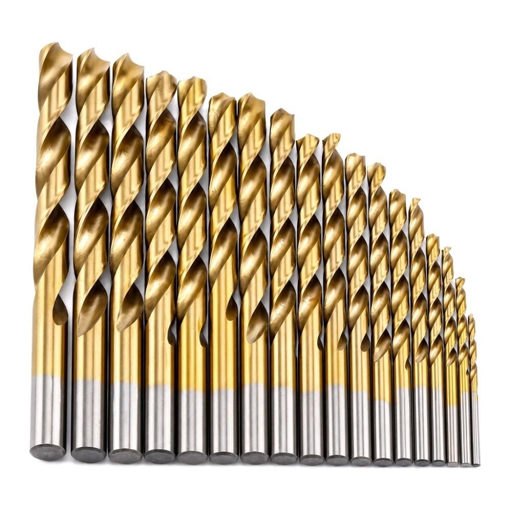 19pcs Anti-Rust Gold Finish High Speed Steel Drill Bits Straight Shank Drill Bits  For Plastic