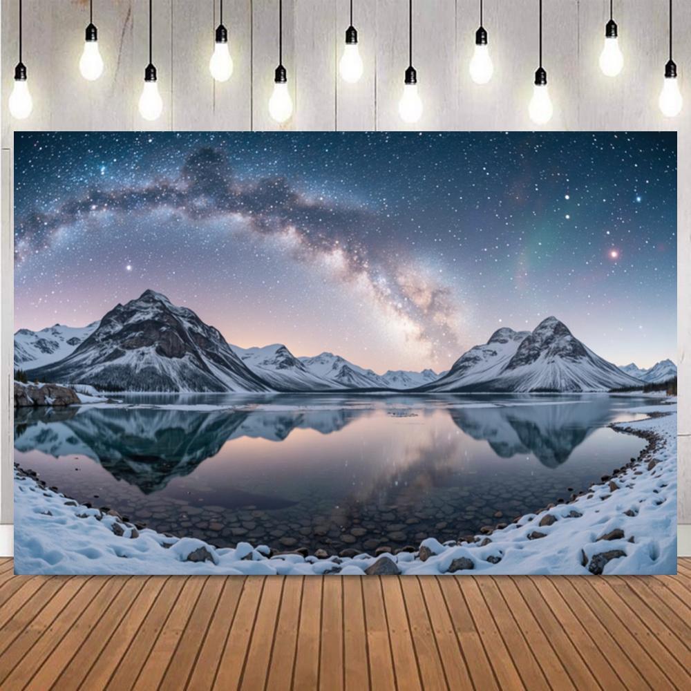 Winter Night Sky With Aurora Backdrop Snow Scene Mountains Lake Forest Starry Sky Natural Landscape Decor Photography Background14