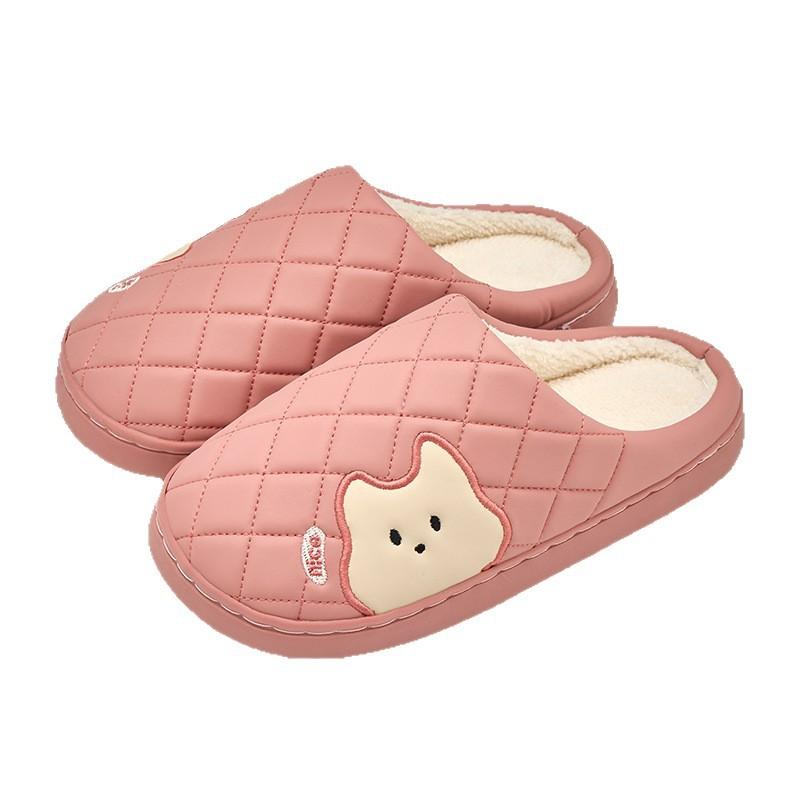 Cartoon Leather Cotton Slippers Waterproof and Non-slip Home Slippers Autumn and Winter Velvet Warm Soft Sole Cotton Mop Indoor Shoes