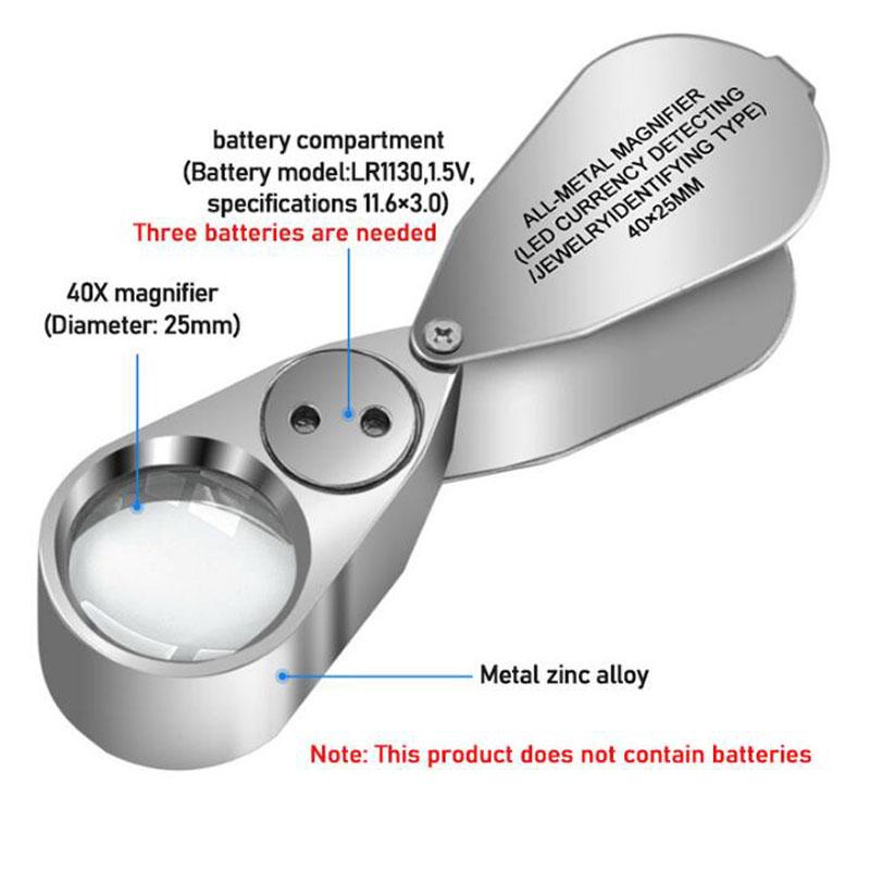 40X Mini Smyckesförstoringsglas med LED UV-ljus Vikbart Förstoringsglas Bärbart Handhållet Ögonförstoringsglas 25mm Smyckesloop
